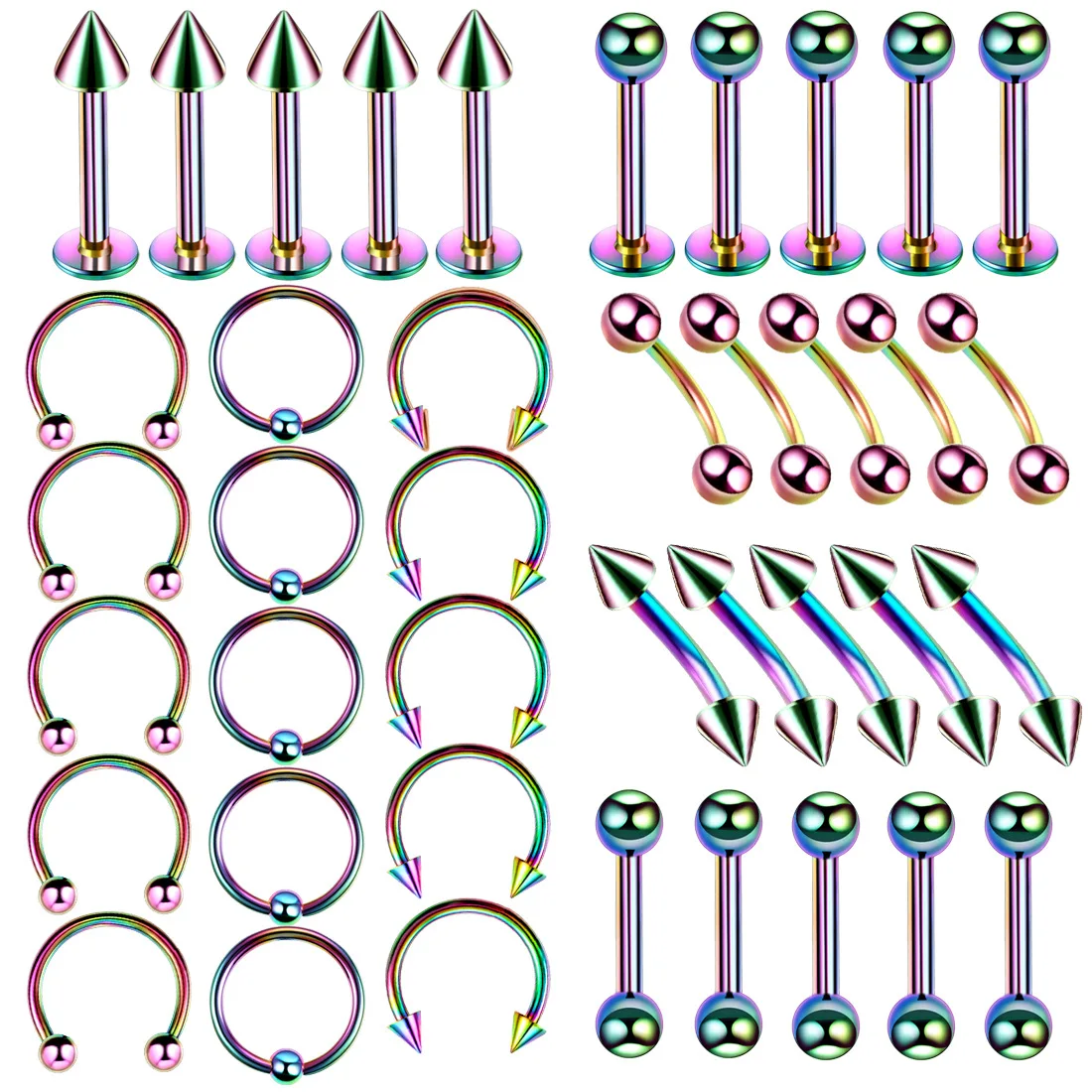40PCS Surgical Steel Body Piercing Jewelry Lot Bulk Nose Ring Tongue Bar Lot Eyebrow Labret Piercing Set Horseshoe Ring Lot Pac