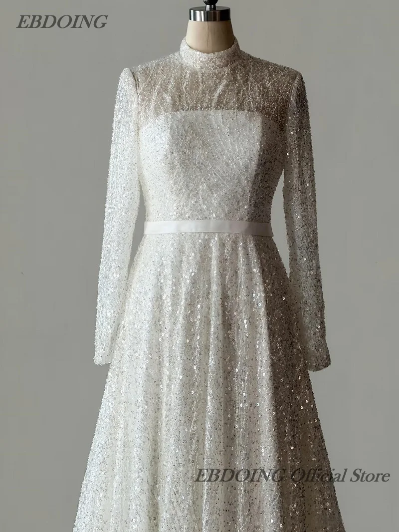 EBDOING Sparkle A-Line Lace Wedding Dress High Neck Full Sleeves Customized Bride Gown