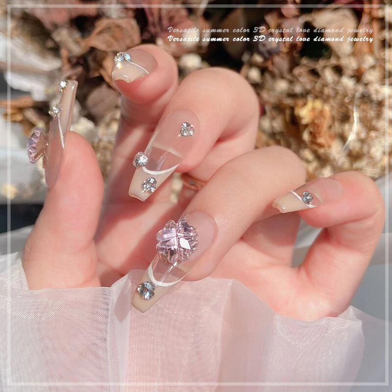 Love Combination Design High Quality K9 Glass 4 Leaf Grass Glitter Nail Art Rhinestone Pointback DIY Necklace Manicure Diamond