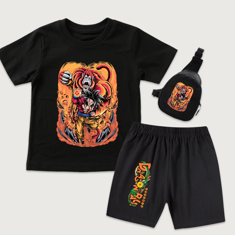 Dbz Great Ape Anime Print Cotton T Shirt and Shorts Set with Mini Chest Bag for Kids Boys Girls 3pcs Set