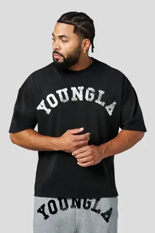 YOUNGLA distressed graphic tee, men gym tshirt, vintage arc letter print, oversized short sleeve crew neck workout top