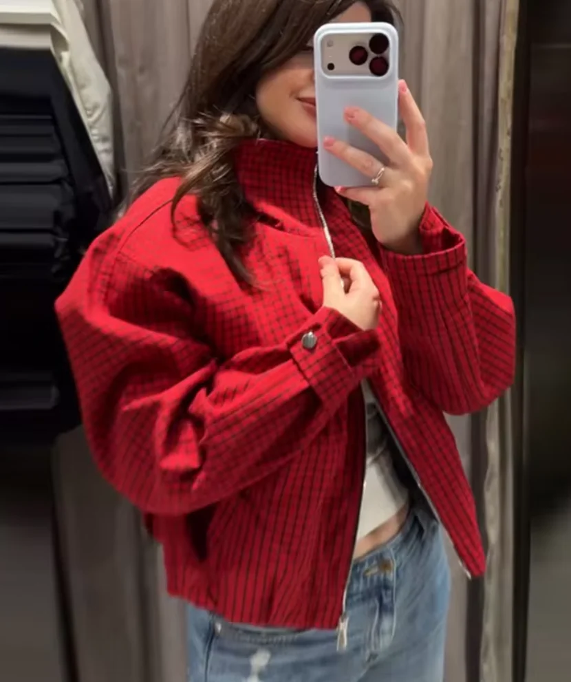 2026 Fall Collection, Red and Black Plaid Short Women's Jacket, Stand-Up Collar with Full Zip Closure, Long Sleeves with Snap Bu