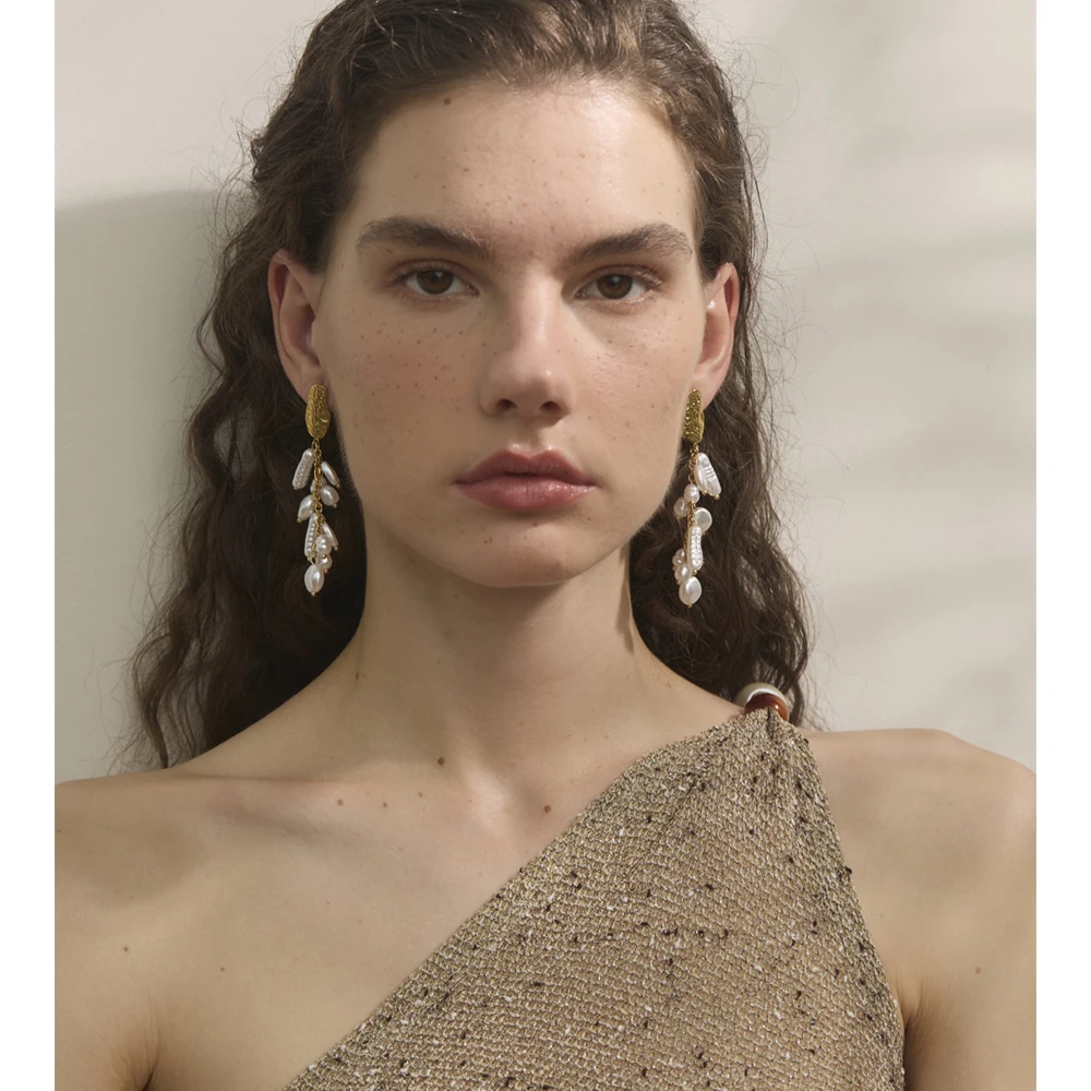 Yhpup الباروك مقلد اللؤلؤ شرابة سلسلة طويلة إسقاط أقراط الذهب اللون الفولاذ المقاوم للصدأ اليدوية الكورية اليومية مجوهرات النساء #3