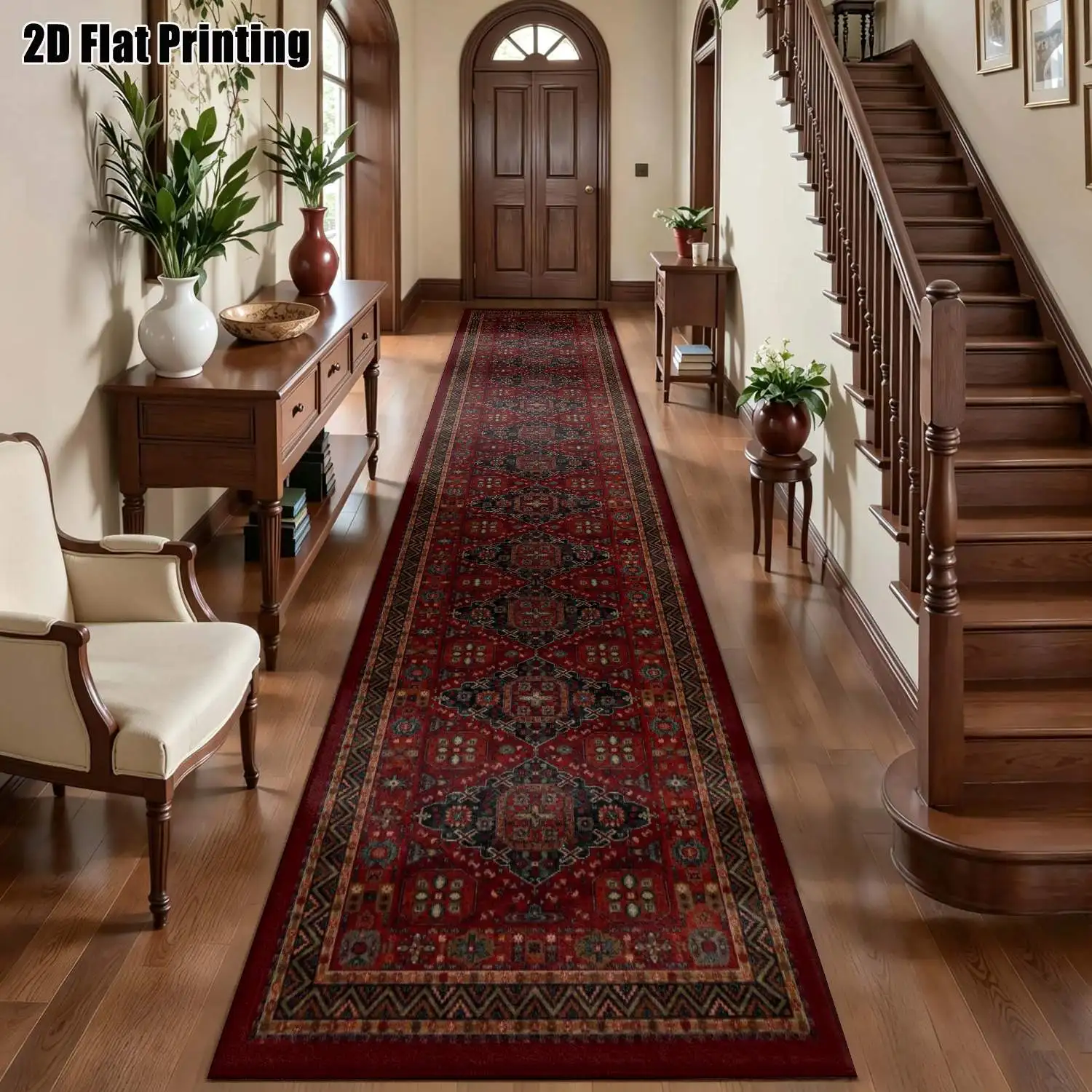 1Pc 2D Printed Long Strip Runner Rug: Red Base, Blue-Gray Geometric Patterns European/Vintage/Bohemian Style, Multi-Size, Machine Washable, Ideal for Entryway, Hallway, Living Room, Bedroom Home Decor.