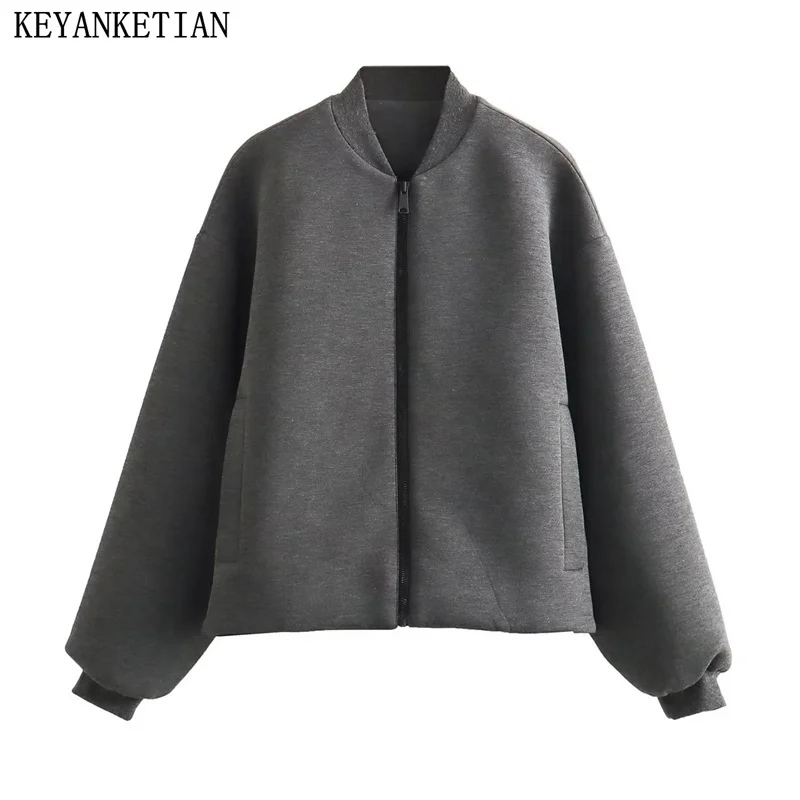 KEYANKETIAN Autumn New Women\'s Grey Jacket Zip-up Loose Design Double Pockets Female Leisure Crop Top Outerwear Jaqueta Feminina