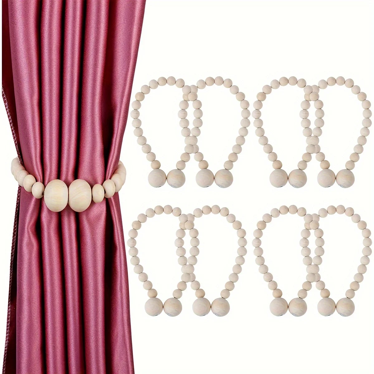 8Pcs Bohemian Style  White Wood Bead Curtain Straps with Straight Holes