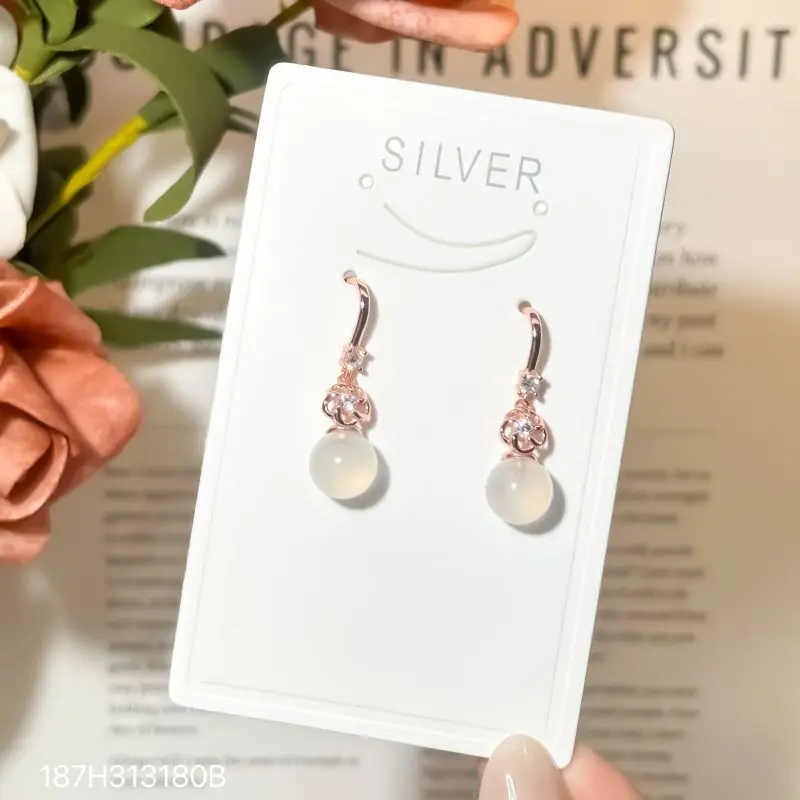 s925Sterling Silver Earrings Women Minority Fashion Graceful Personality Chalcedony Earrings French Style High Sense Ear Hoo