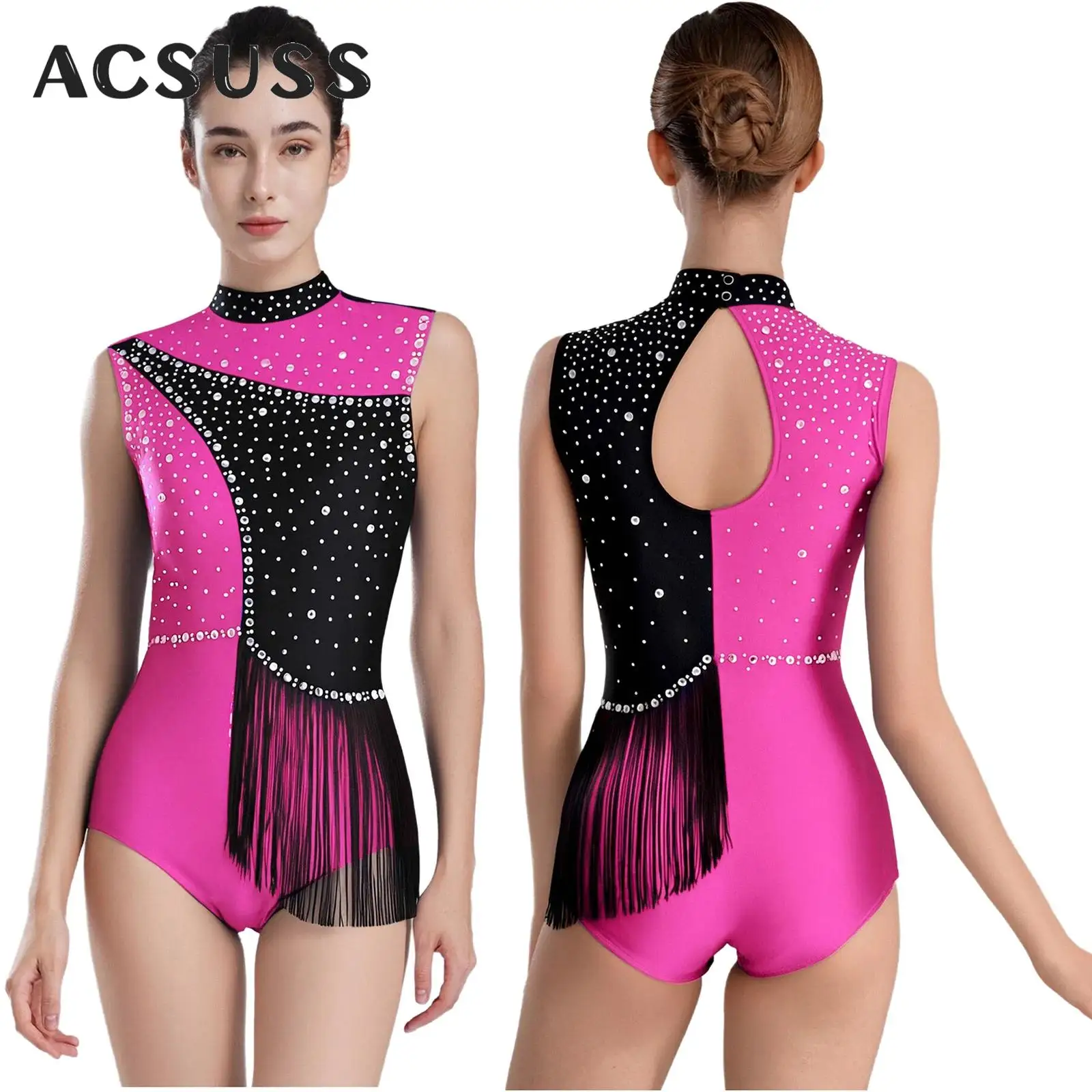 여성 피겨 스케이팅 리듬 체조 레오타드 반짝 이는 라인스톤 태슬 볼룸 차차 탱고 댄스를위한 발레 바디 슈트