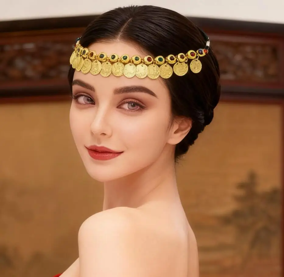 Nouveau Style ethnique à la mode strass front chaîne Vintage pièce gland bandeau Style Punk alliage d'or accessoire de cheveux