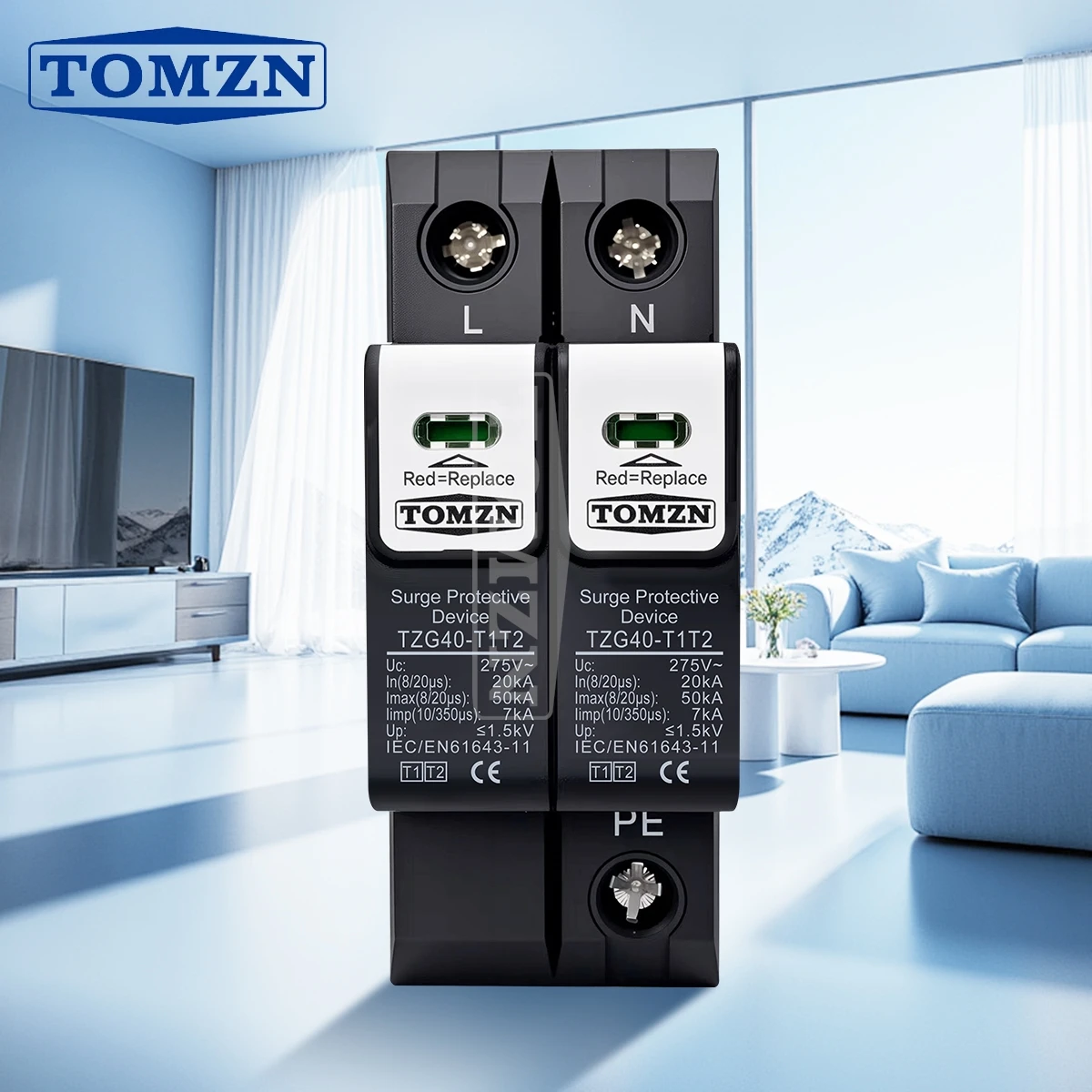 TOMZN Office T1T2 275V AC SPD Surge Protector Lightning Protection 2P 20-50kA Protezione Fulmini Iimp 10/350μs 7kA Household
