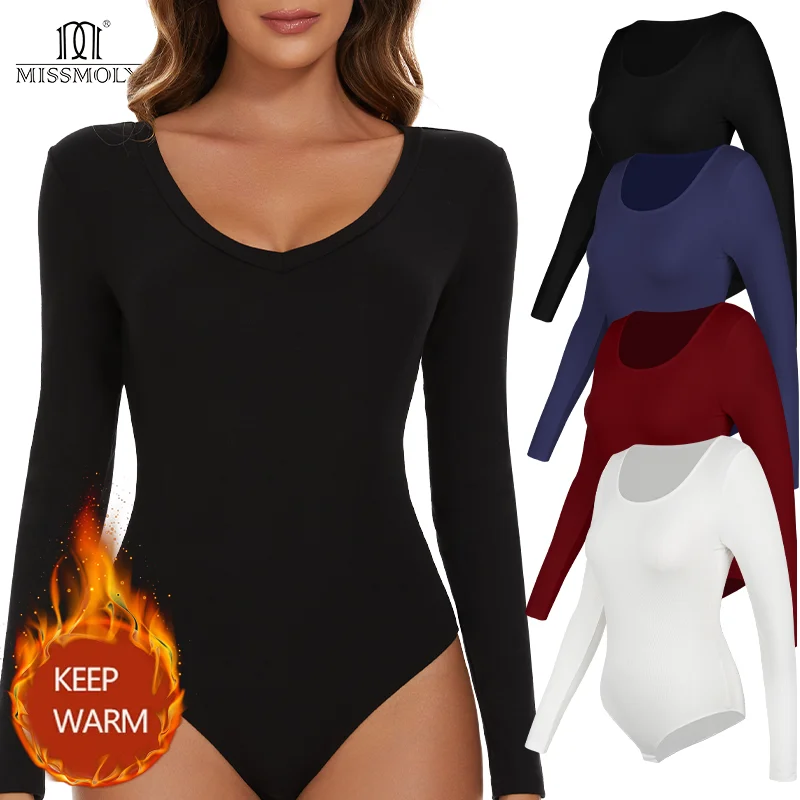 

Women's Thermal Underwear Tops Deep U Collar Long Sleeve Bodysuits Soft Keep Warm Cold Weather Compression Bottoming Shirts