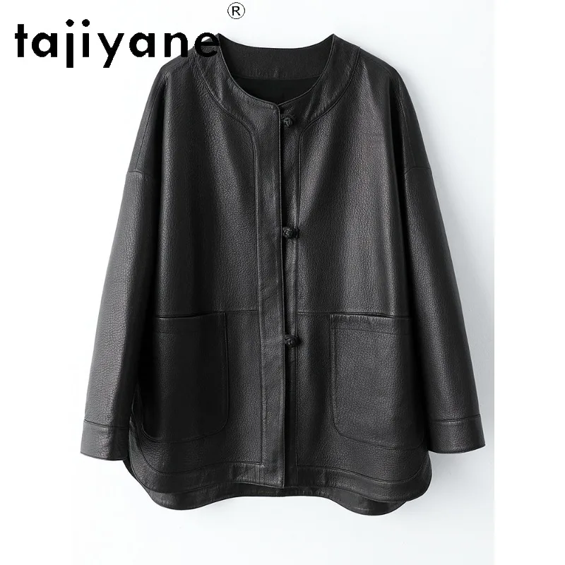 TAJIYANE Genuine Leather Jacket Women Oversized Coats Deer‑Grain Goatskin Black Jackets Mid‑Length Outerwear Косуха Plus Size
