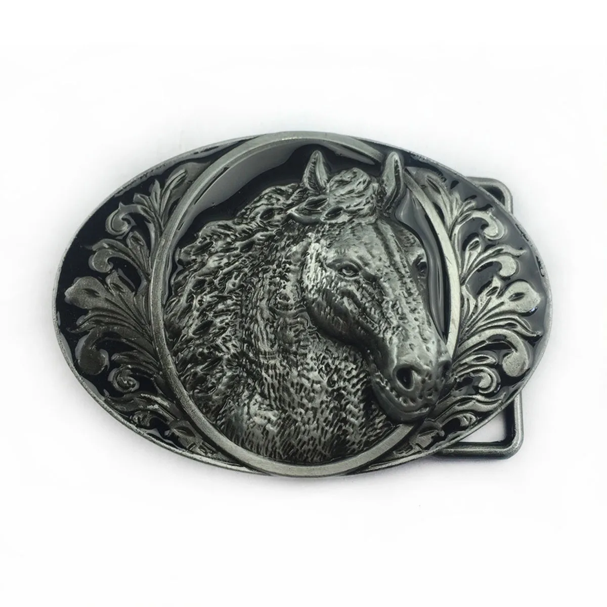 Vintage Engraved Floral Scroll Black Oval Metal Western Cowboy Horse Head Belt Buckle Country Style Belt Accessory for Men Jeans