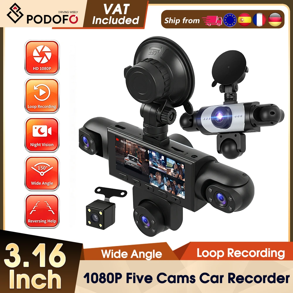 Podofo 3.16'' 1080P Kamera samochodowa z 5 obiektywami o wysokiej rozdzielczości 360 ° Rejestrator samochodowy z nagrywaniem w pętli, noktowizją, funkcją wspomagania cofaniem i kartą 64GB