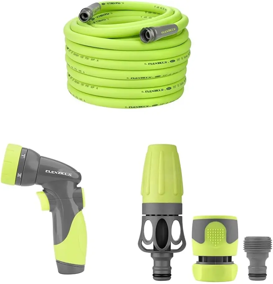 

Flexzilla Garden Hose 5/8 in. x 100 ft., Heavy Duty, ZillaGreen & 6-Pattern Adjustable Garden Hose Nozzle - NFZG64 & Garden