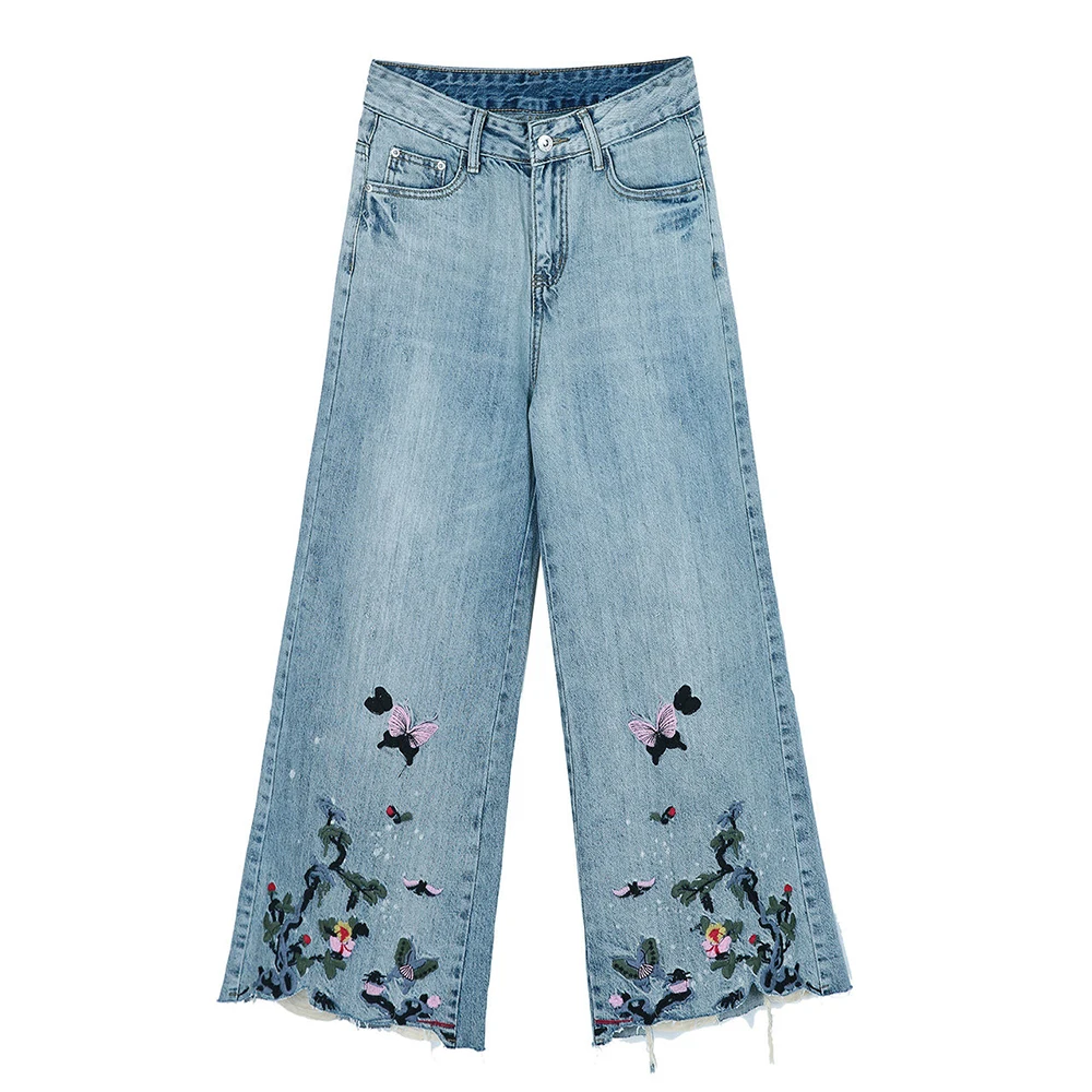 Imagem -06 - Calça Solta Flared Bordada Feminina Stretch Jeans Cintura Alta Luxo Flores Feminina Verão Nova