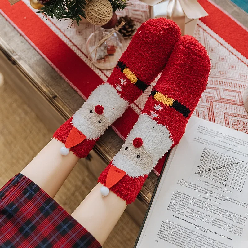 Autumn Winter Thick Half Flannel Christmas Socks for Women Mid Tube Floor Socks Three-dimensional Cartoon Sleep Socks