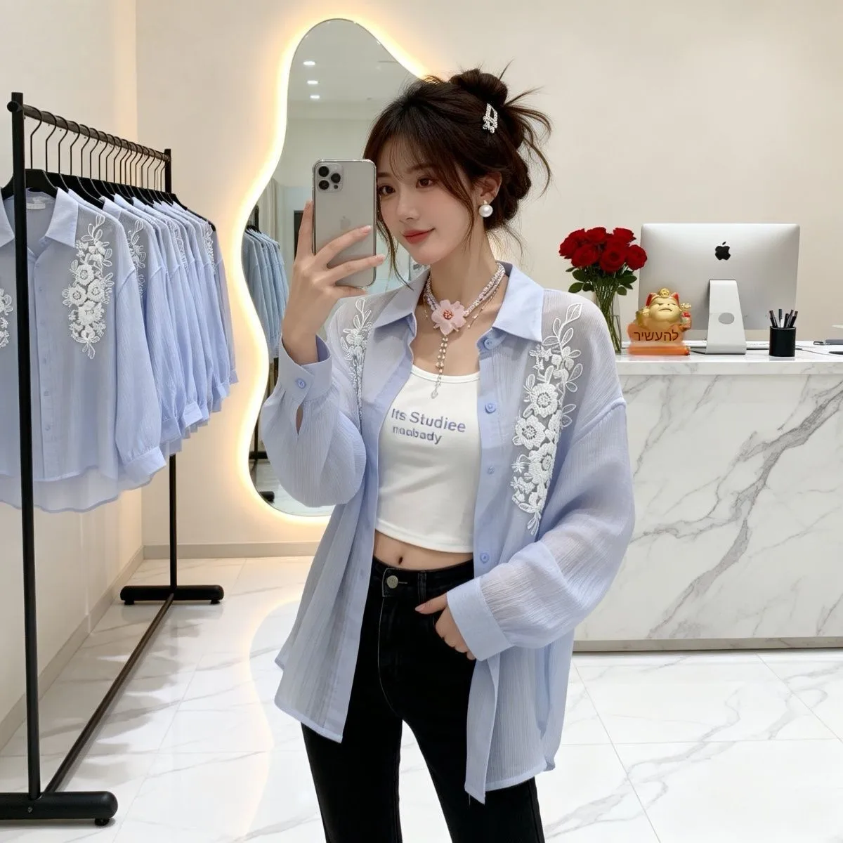 

Elegant Blue Sun Protection Shirt Women's Summer Thin Fashionable Fairy-Like Embroidery Heavy Embroidery Outerwear Top