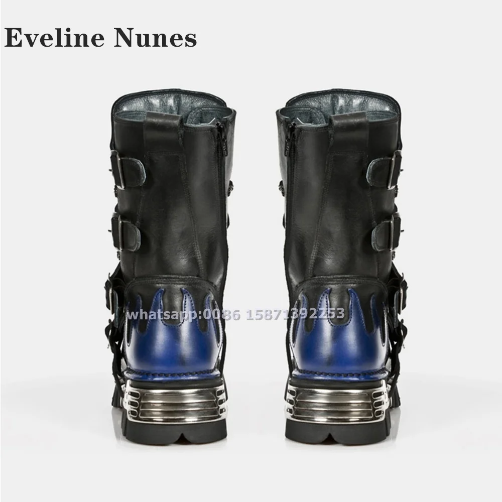 Metal Decoration Cyberpunk Style Motorcycle Boots Round Toe Tank Soled Lace Up Print Mixed Colors Mid-Calf Boots 2024 Retro Punk