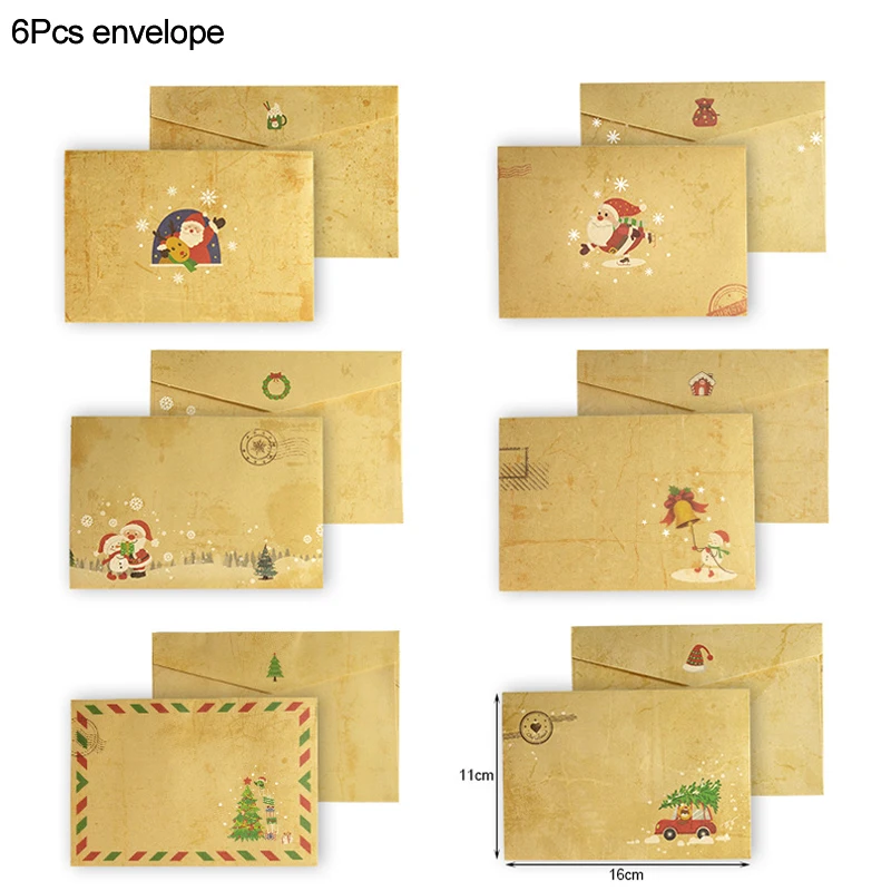 6pcs Vintage Christmas Kraft Letter Paper Santa Claus Snowman Envelope Letter Pad DIY Greeting Card Xmas New Year Party Supplies