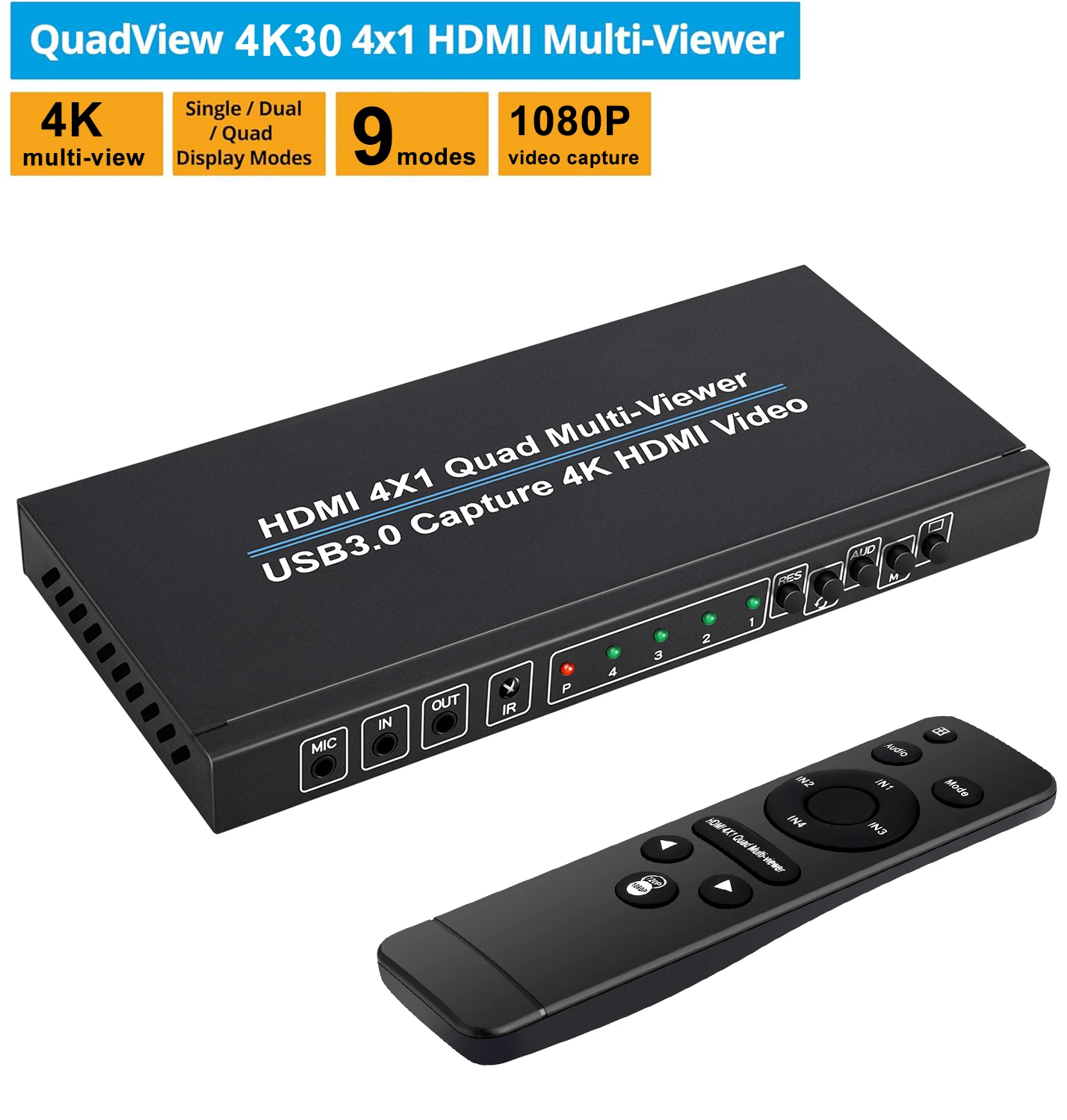 

4K 4x1 HDMI Multi Viewer QuadView with IR Remote – 4 in 1 Out 9 Display Modes with 1080p@60Hz USB3.0 Video Capture Card Function