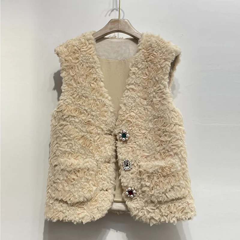 

French Small Fragrant Vintage Diamond Buckle Lamb Wool Vest Jacket Female Casual Elegant Chic Autumn Winter Women's Clothing