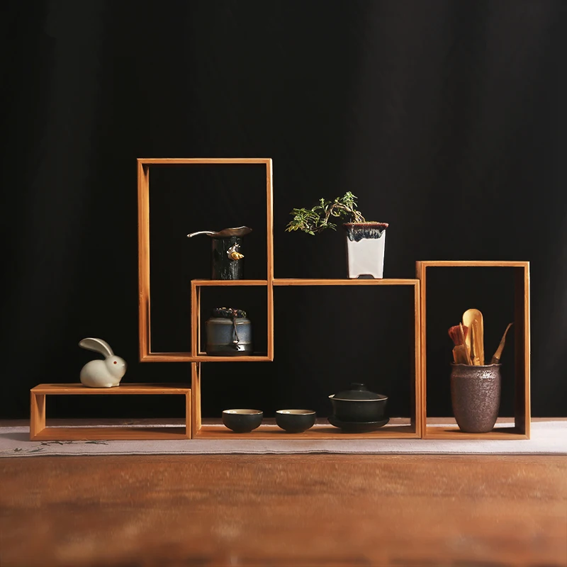 Modern Bamboo Cabinet MultiFunctional Tea Set Organizer Display Shelf for Zen Tea Room & Home Décor Tea Storage Solution