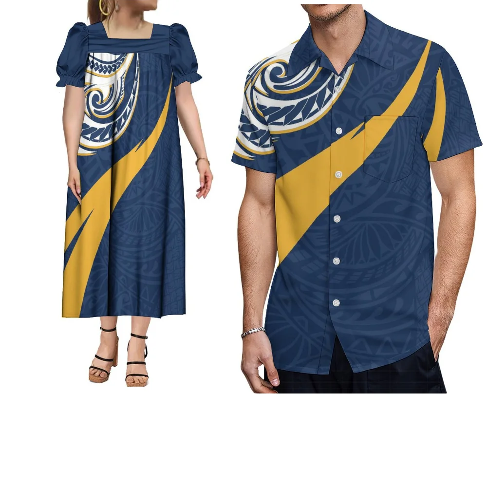Zomerpaaroutfits Polynesische bedrukte op maat gemaakte Mumu-jurk voor dames en casual shirt met korte mouwen voor heren