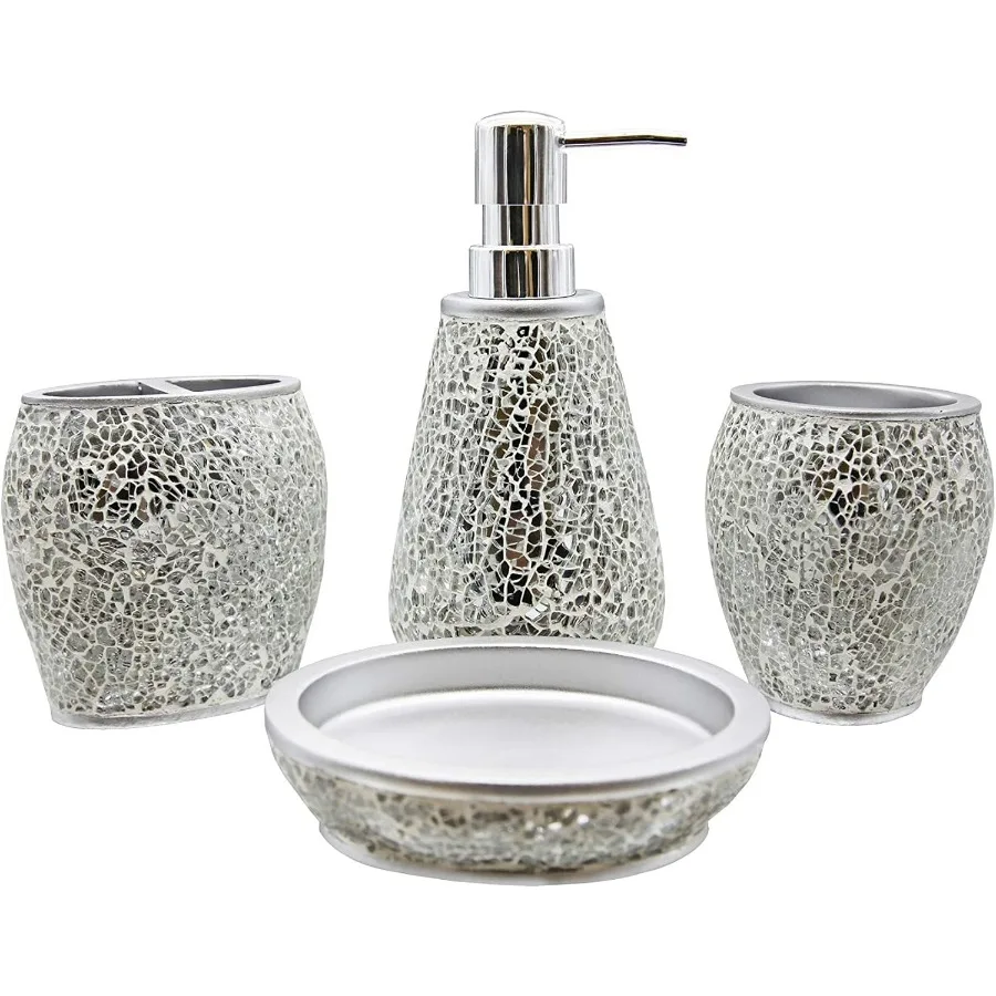 مجموعة إكسسوارات الحمام الحديثة الفاخرة لديكور المنزل المعاصر: مجموعة مكونة من 4 قطع مع موزع الصابون السائل ومضخة الغسول