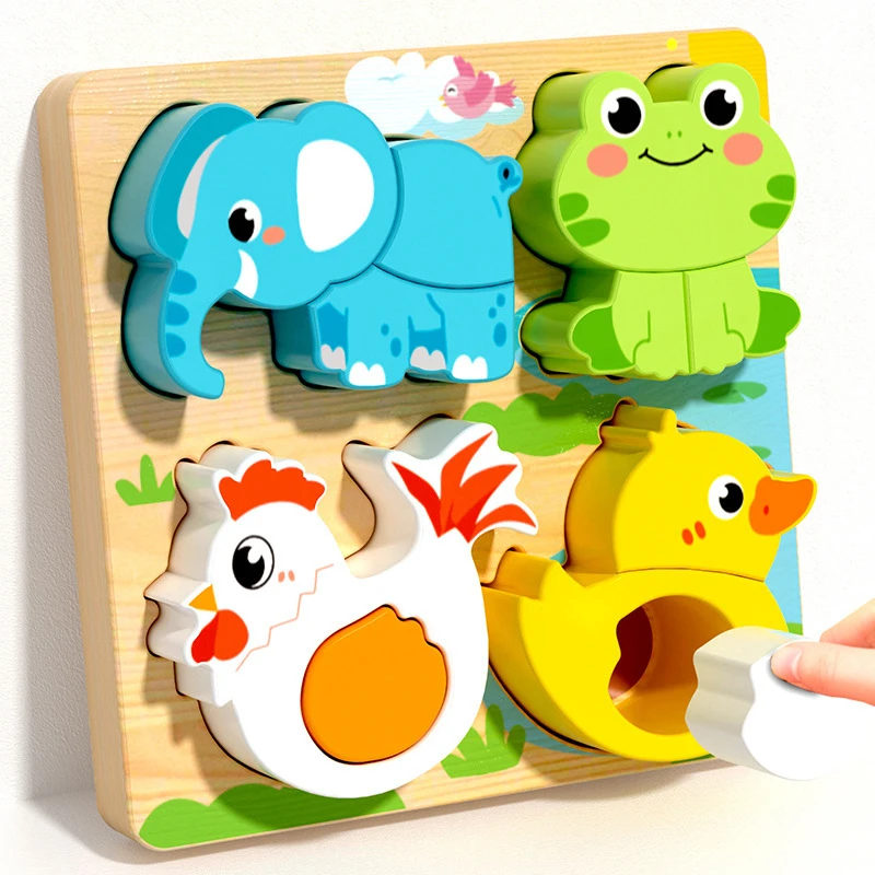 Wooden Puzzle Montessori Animals Carton Colorful Learning Education Toys Tangram Jigzaw Cognitive Wood For Children Kids Gift