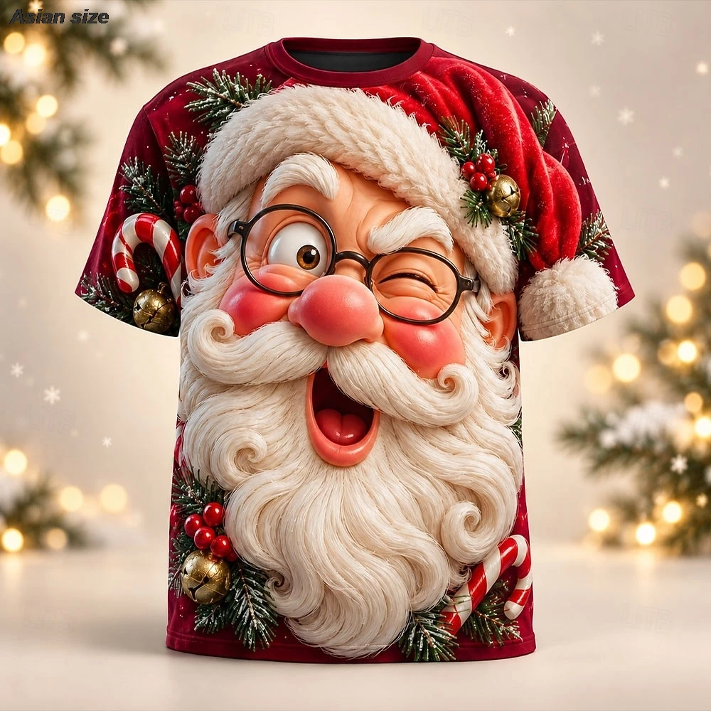 Winking Santa 3D Graphic Print T-Shirt, Christmas Bell Holly Winter Party, Men Funny Realistic Short Sleeve Tee
