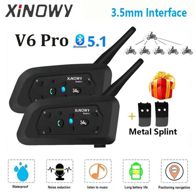 

Мотоциклетная Bluetooth-гарнитура XINOWY V6 PRO для шлема, интерком на 1200 м, коммуникатор для 6 райдеров, музыкальный плеер, водонепроницаемая