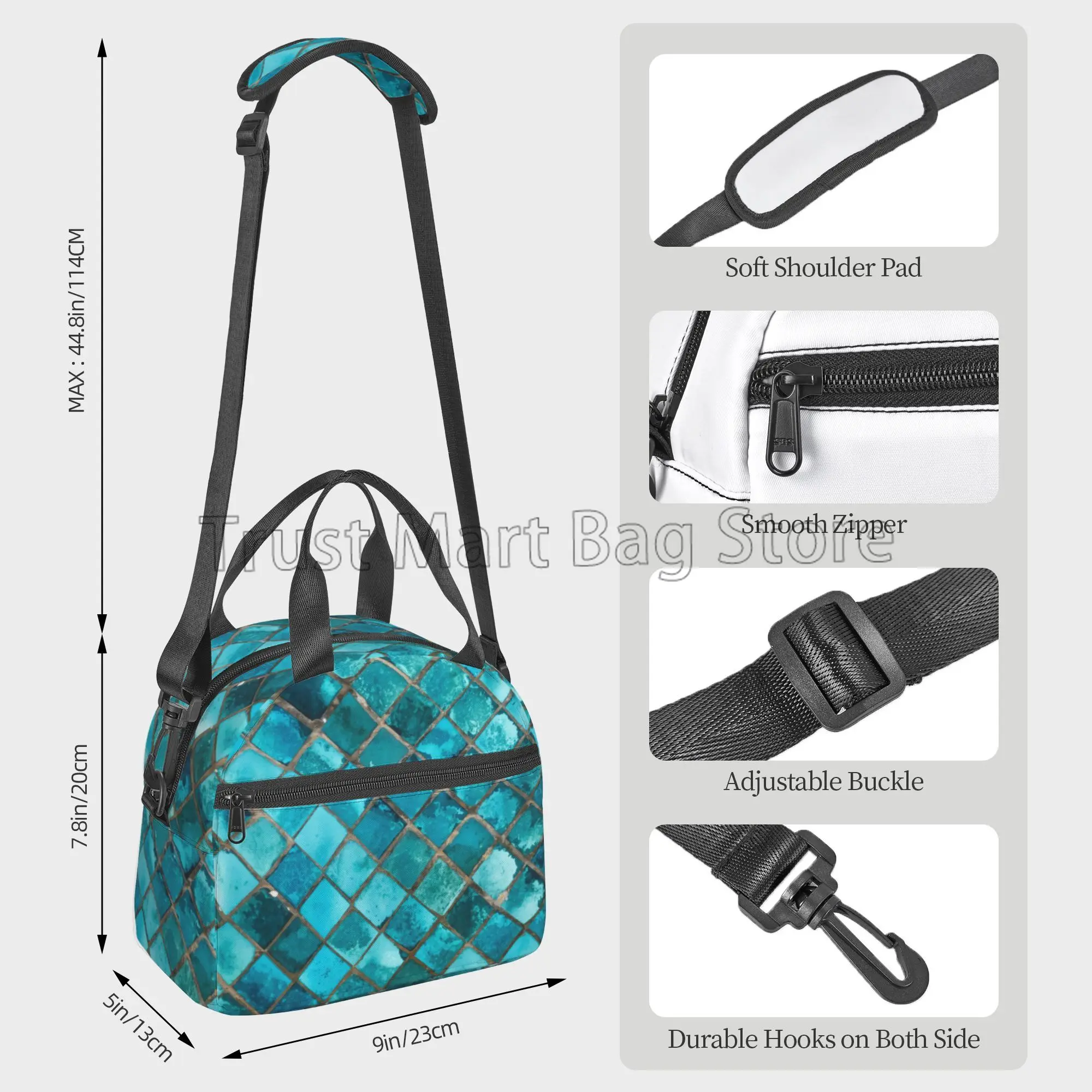 Abstract Turquoise Blue Teal Insulated Lunch Box Reusable Portable Thermal Cooler Bento Tote Bags with Adjustable Shoulder Strap