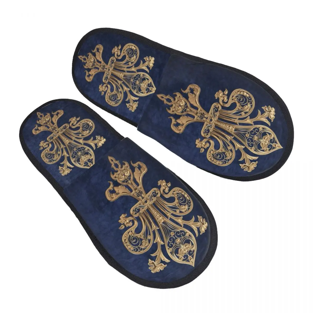 Custom Gold Filigree Fleur De Lis Memory Foam Slippers Women Cozy Warm Fleur-De-Lys Lily Flower House Slippers