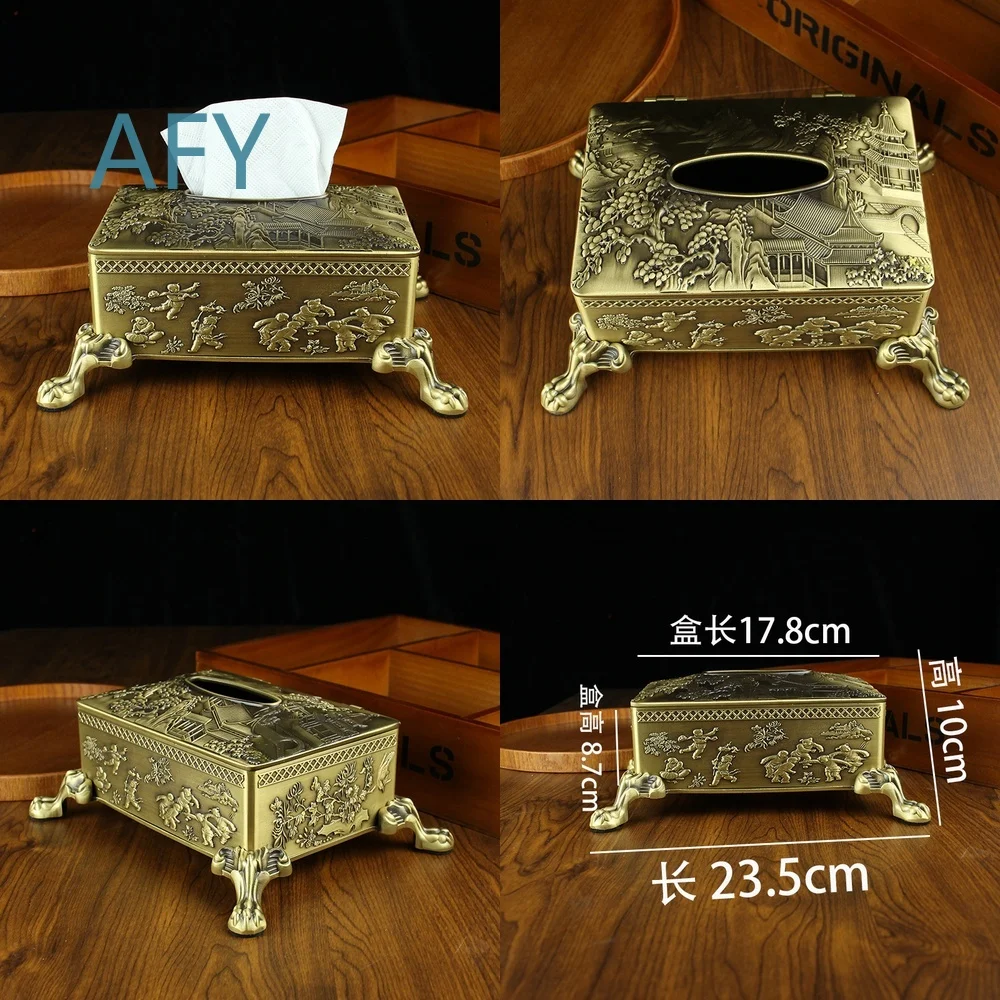 Copper Tissue Box for Home Decor Living Room Desk Vintage Brass Landscape Pavilion Ornament Handmade Pure Copper Napkin