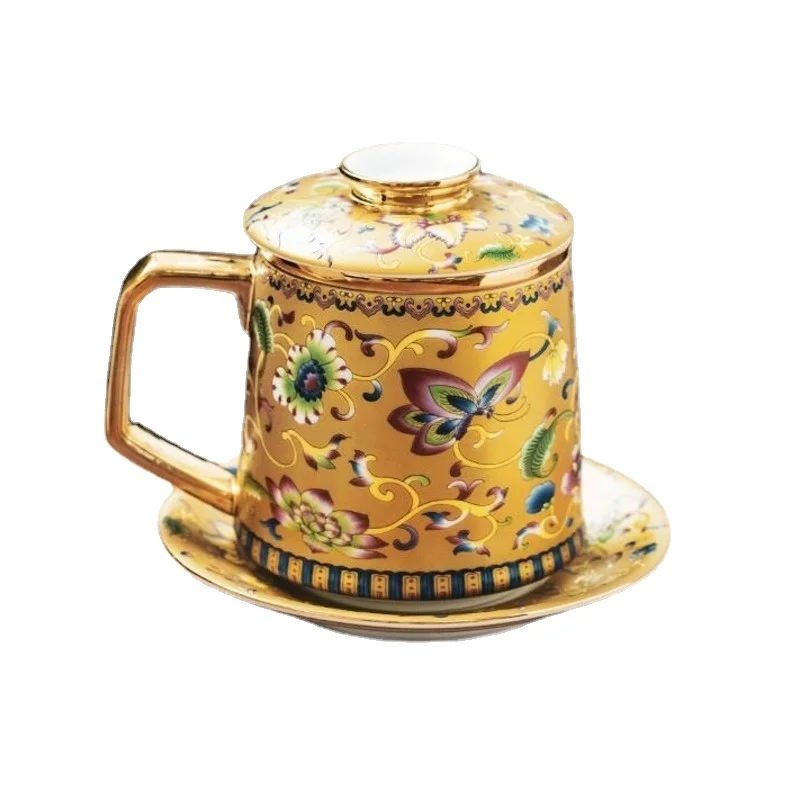 Elegant Porcelain Mug with Filter and Lid Office Ceramic Personal Tea Cup Separate Drinking Cup with Saucer Essential Tea