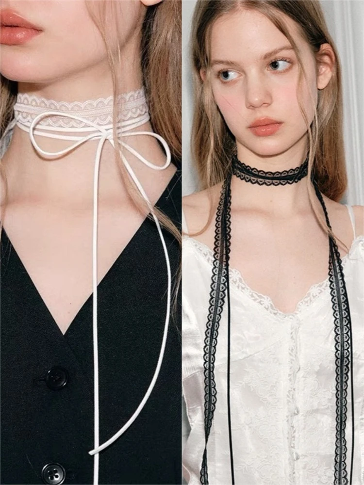 2 Pcs Retro Lace Ribbon Bow Neckband Women Fashion Simple Double Layer Long Tassel Necklace Versatile Neck Ornament Accessories