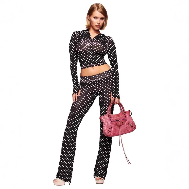 2026 Women Y2K Polka‑Dot 2‑Piece Tracksuit Zip‑Up Hooded Long‑Sleeve Crop Top + Low‑Rise Flare Pants Bodycon Matching Outfit Set