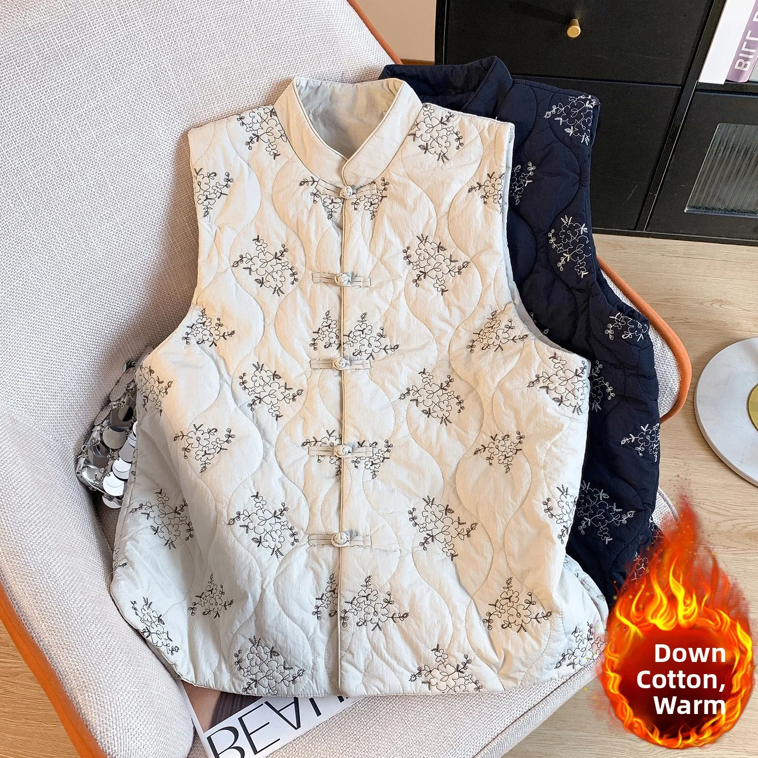 

Retro Embroidered Cotton Jaet Vest Large Size Women's Winter Faion Small Stature Stand Collar down Cotton oulder Pad Vest