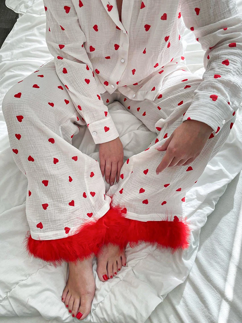 Marthaqiqi Printing Female Sleepwear Set Long Sleeve Nightwear Sexy Turn-Down Collar Pajama Feathers Pants Women Nightgowns Suit