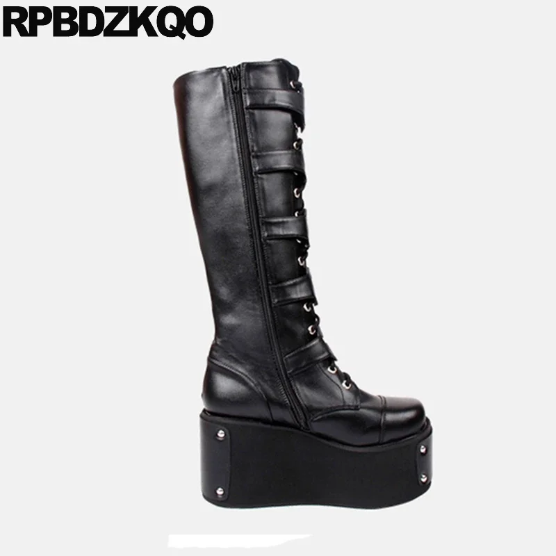 Knee High Wedge Shoes Belts Rock Patent Leather Women Big Size Lace Up Heel Goth Platform Boots Punk Harajuku 46 Motorcycle Y2k