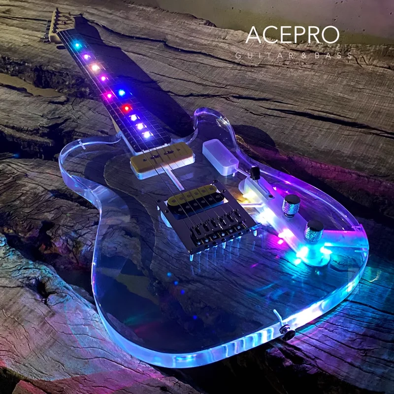 In Stock Acepro Colorful LEDs Acrylic Electric Guitar, Clear Acrylic Crystal Body Guitarra, Maple Neck, Rosewood Fretboard