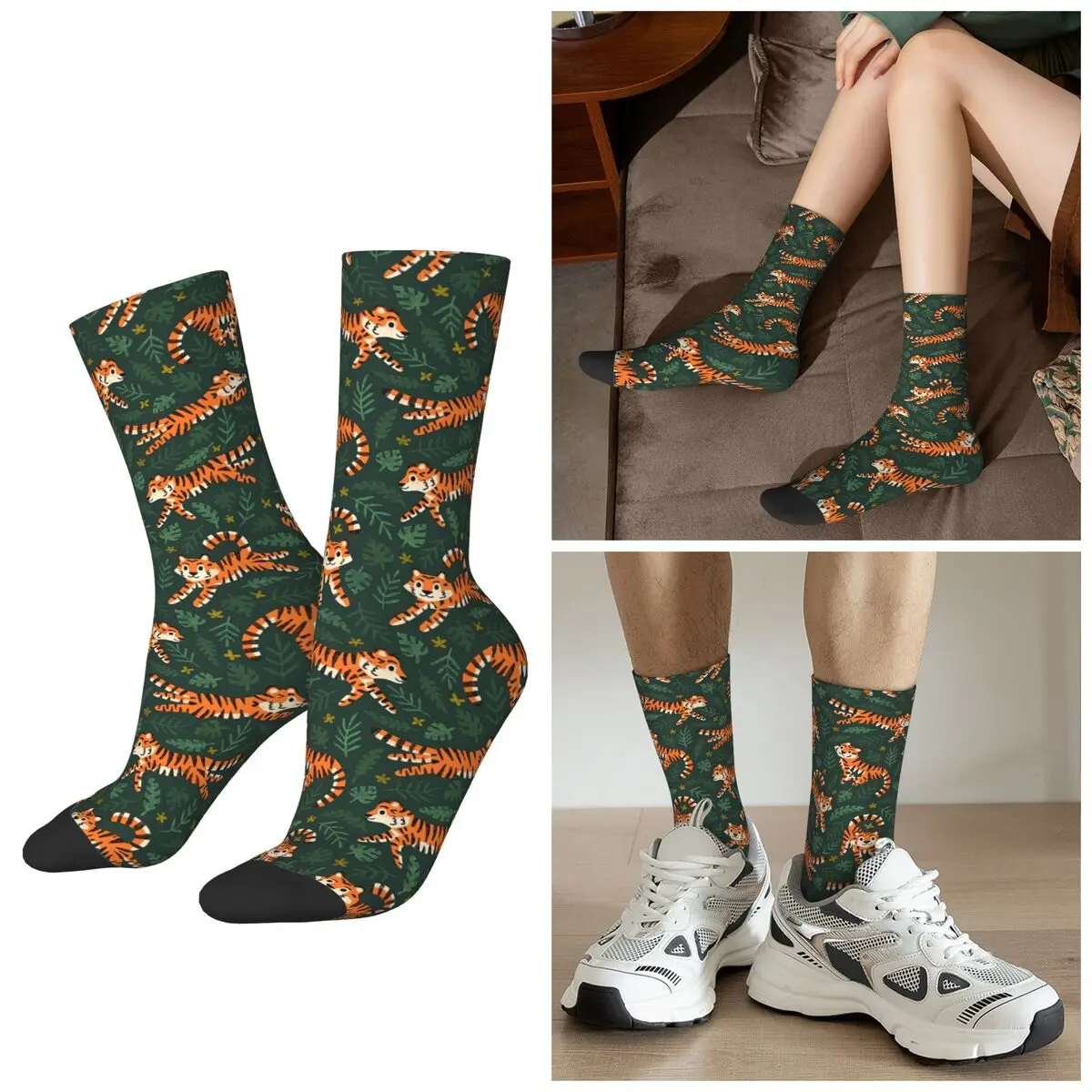 

All Seasons Playful Tigers At Night Pattern Socks Harajuku Crew Socks Hip Hop Stockings for Men Women Gifts