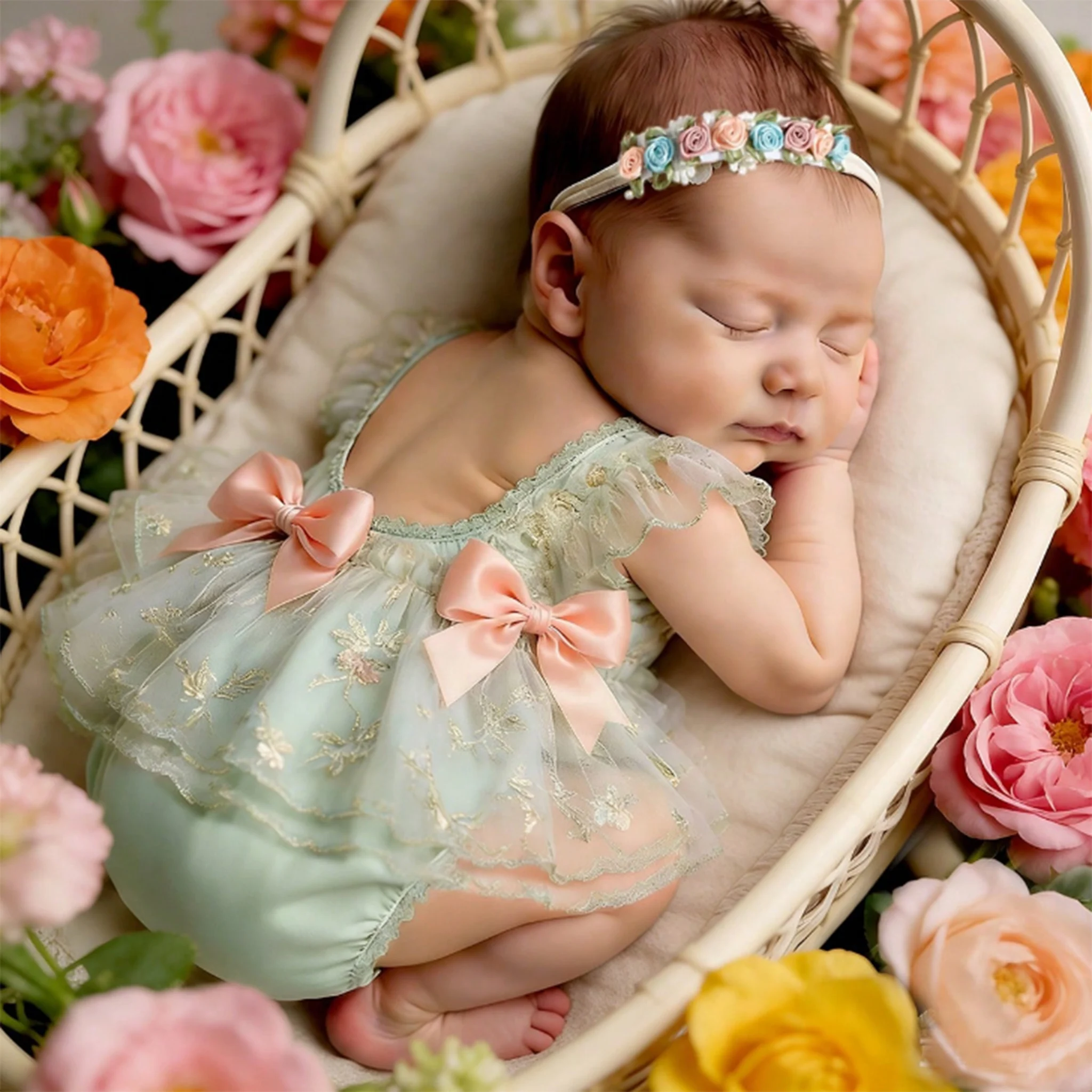 Infant Baby Girl Lace Romper NewbornTulle Dress Flowers Bodysuit Summer Festival Clothes with Headband Photography Outfit-HD