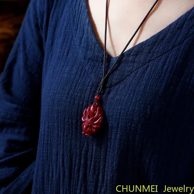 Natural Mineral High Content Cinnabar Nine-tailed Fox Pendant Female Fox Necklace Pendant Jewelry Sweater Chain Cinnabar Jewelry