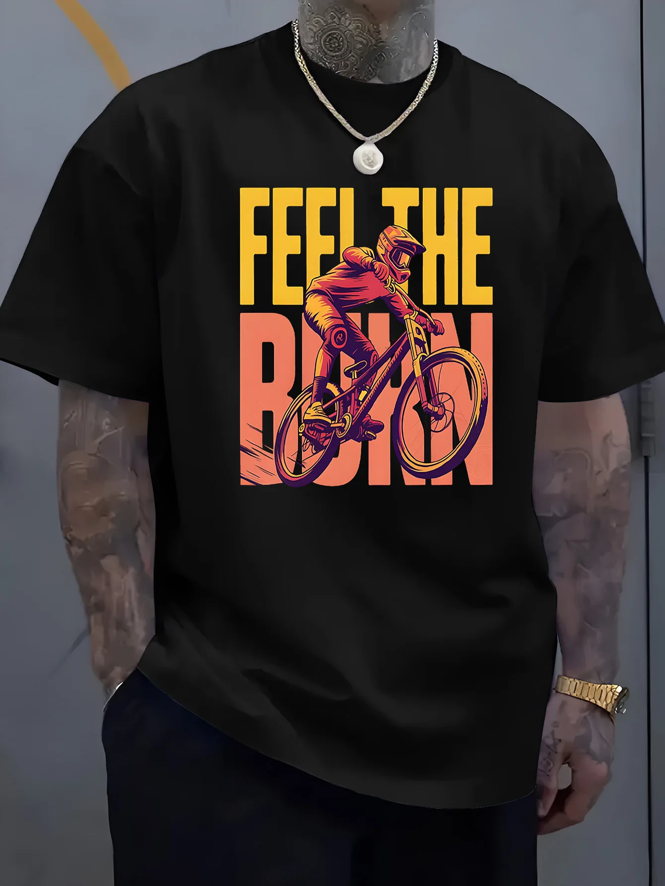 Men Black Crew Neck Tee Bold Color Mountain Biker Graphic Feel The Burn Extreme Downhill Cycling Sport Soft Cotton Male Tops