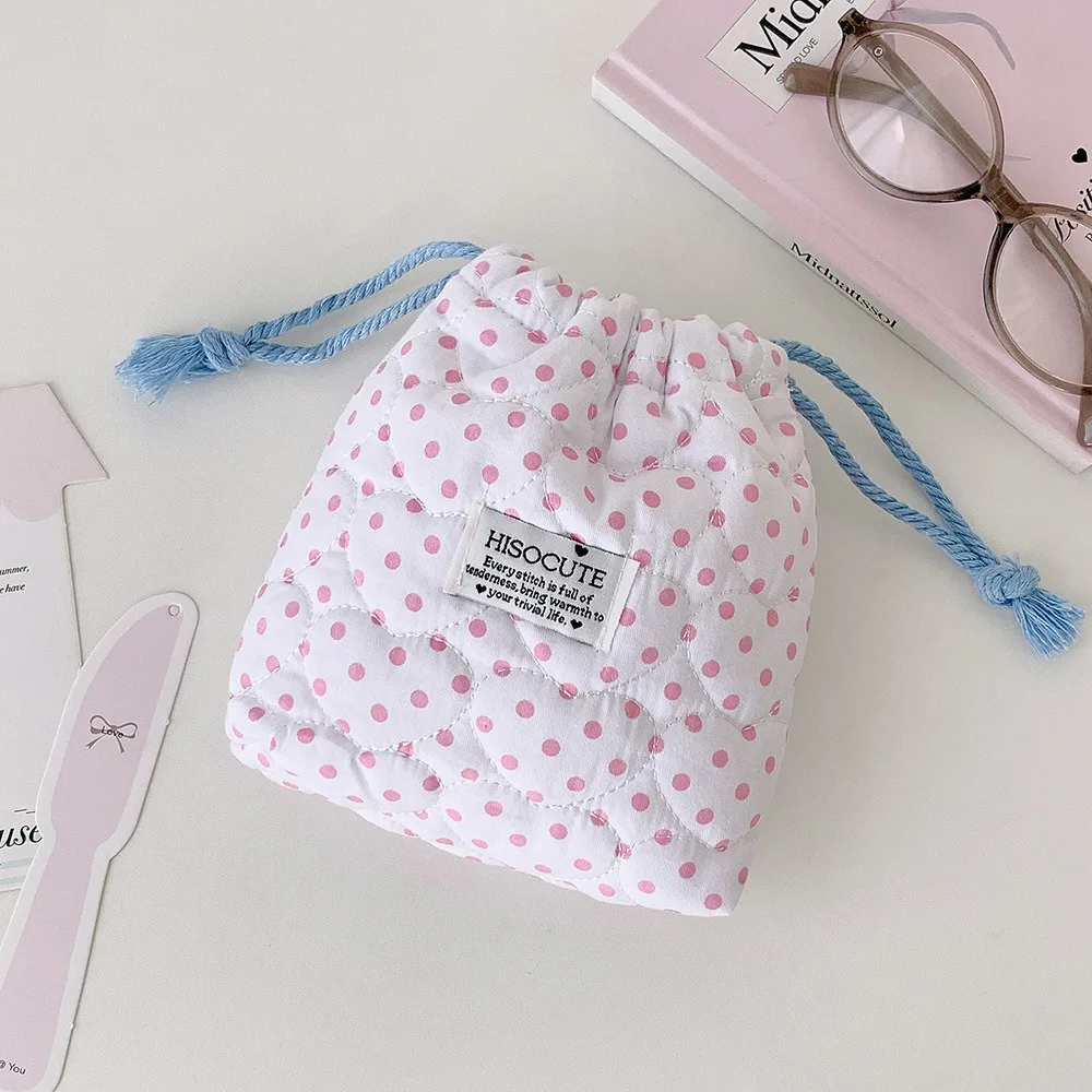 Portable Polka Dot Pattern Cosmetic Bag Quilted Multipurpose Makeup Pouch Soft Cotton Toiletry Storage Bag Women