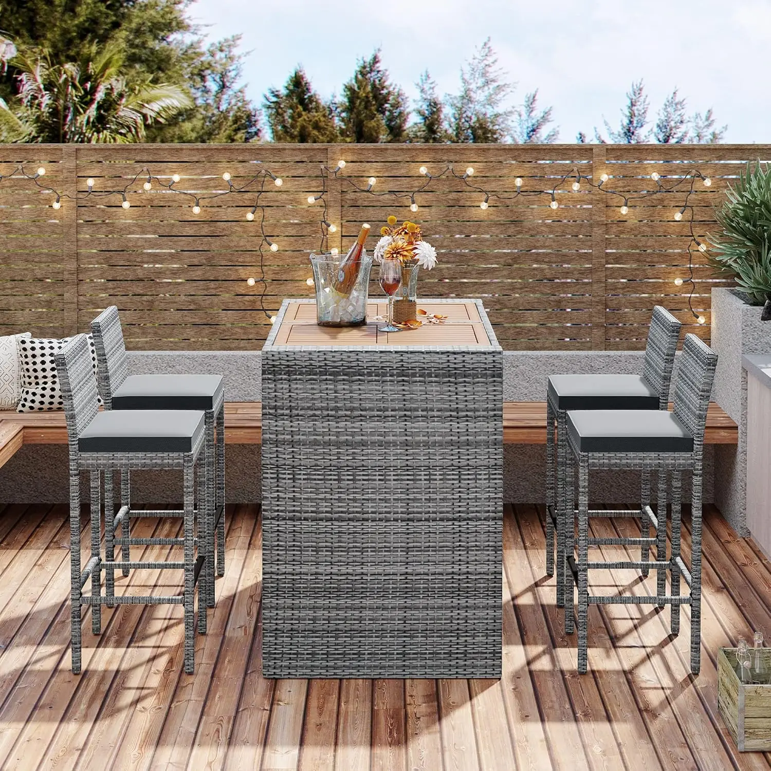5 Piece Grey Rattan Patio Bar Set Solid Wood Top   4 Bar Stools All Weather Outdoor Dining Set for Poolside Garden Backyard