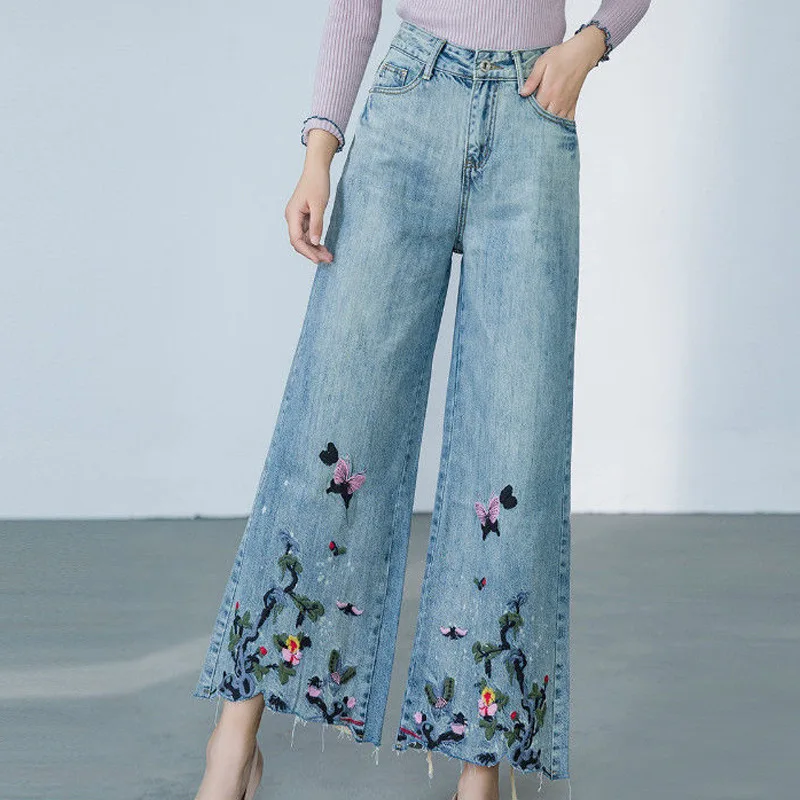 

High-waisted embroidered flared jeans women stretch denim wide leg pants women