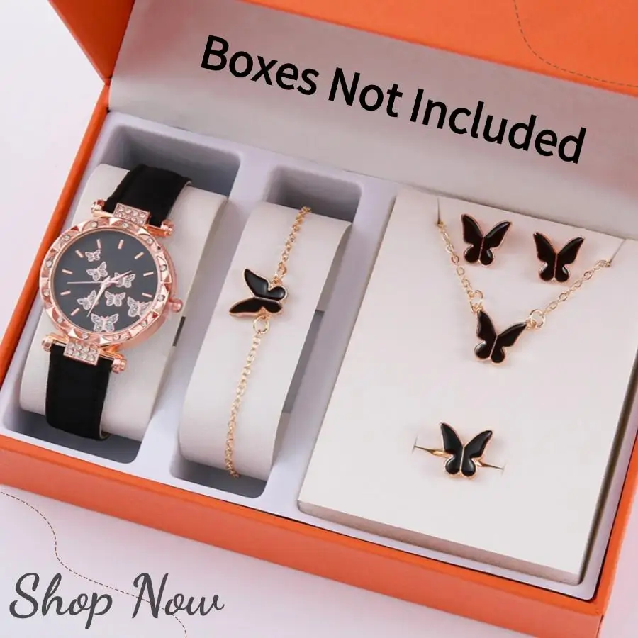 6PCS/Set Women's Watch Fashion Rhinestone Quartz Watch Fashion Butterfly Watch Ring Necklace Earrings Bracelet Set